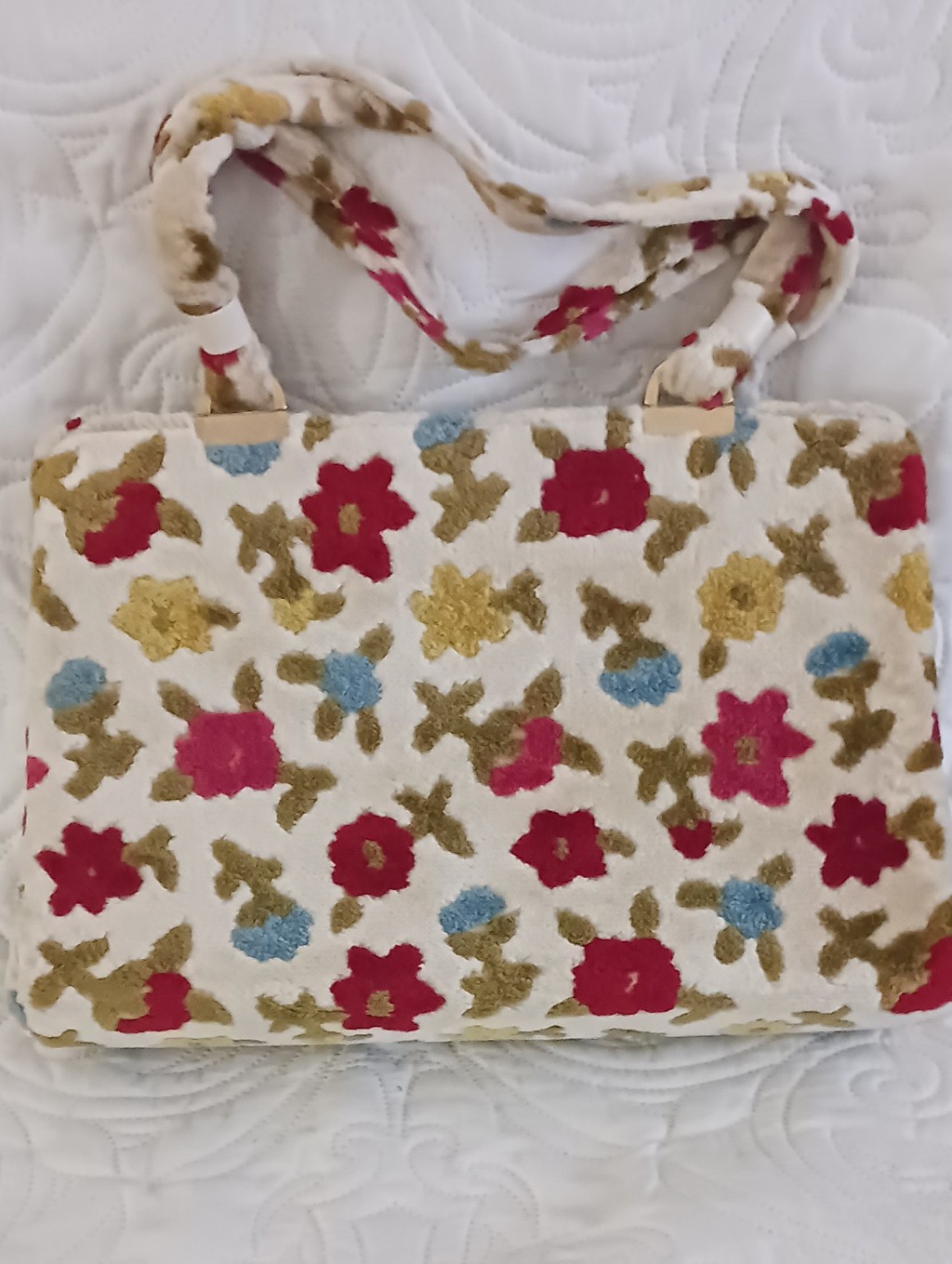 Vintage 60s Mod Plush Handbag Fuzzy Floral Material Hot Pink Blue Green Yellow